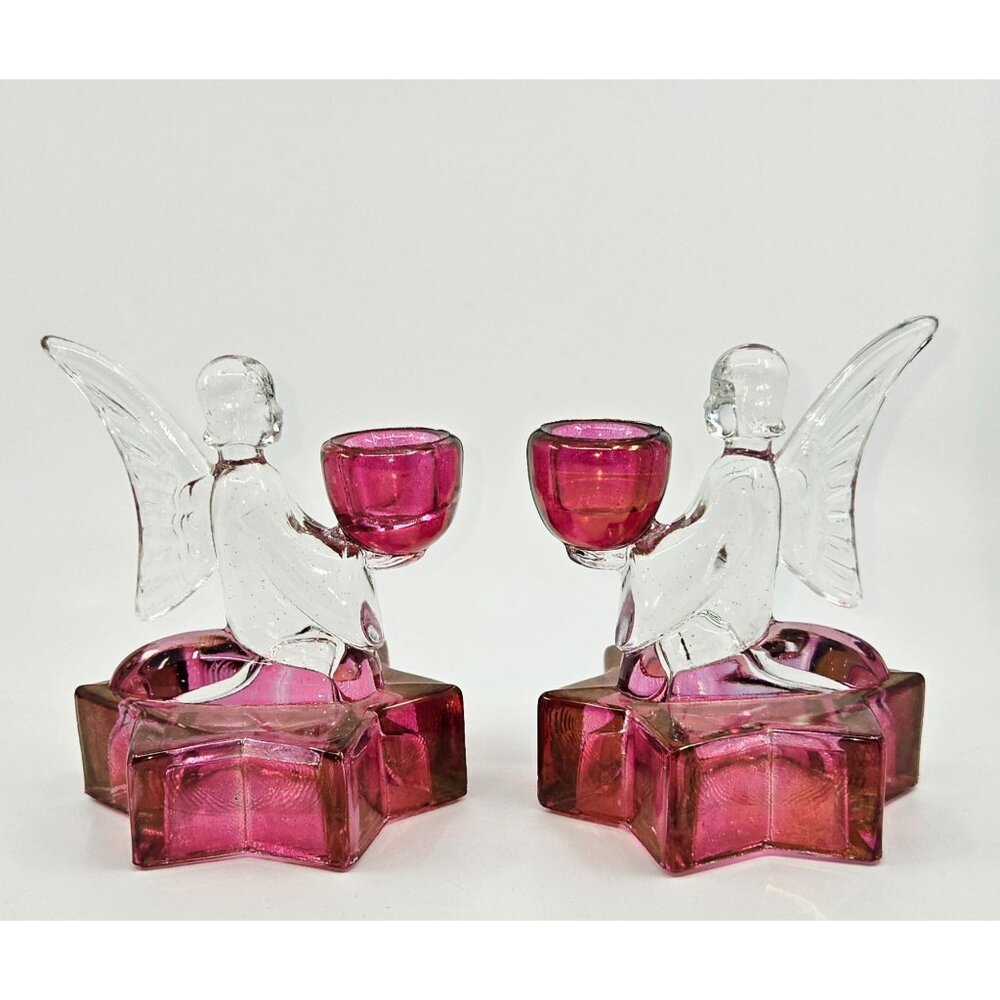 LE Smith Cranberry & Clear Angel & Stars candlestick holders